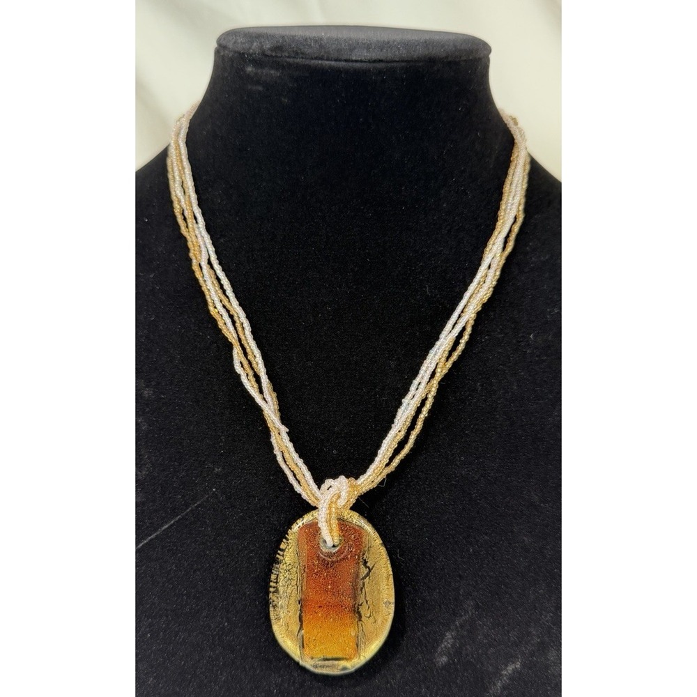 Amber Gold Art glass Pendant Necklace Multi Strand Seed Beads Foil Look Boho